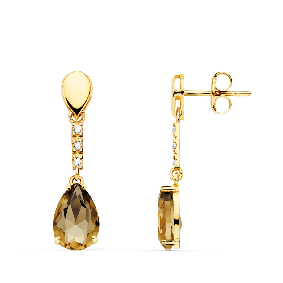 Pendientes Piedra Gota Color Fume. 28 x 7 mm de oro amarillo 18K