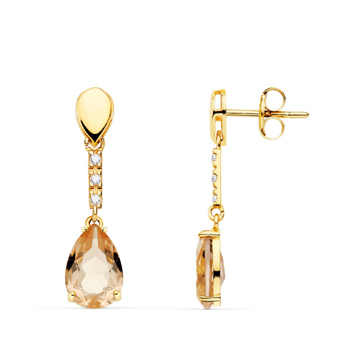 Pendientes Piedra Gota Color Kuncita 28 x 7 mm de oro amarillo 18K