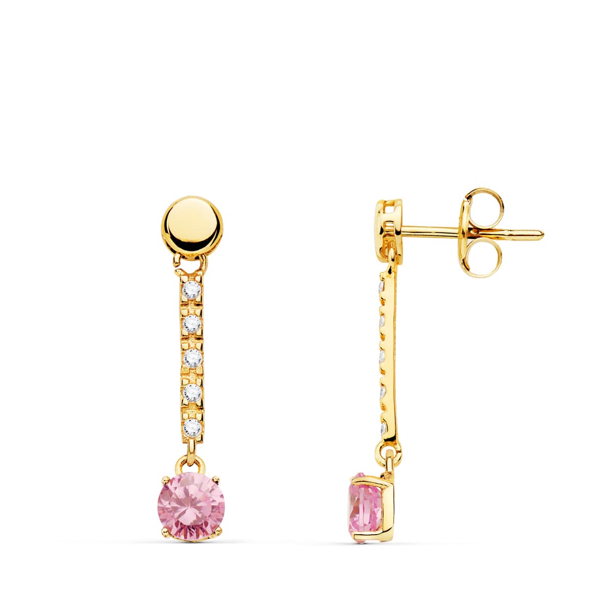 Pendientes Piedra Redonda Color Rosa 25 x 5 mm de oro amarillo 18K