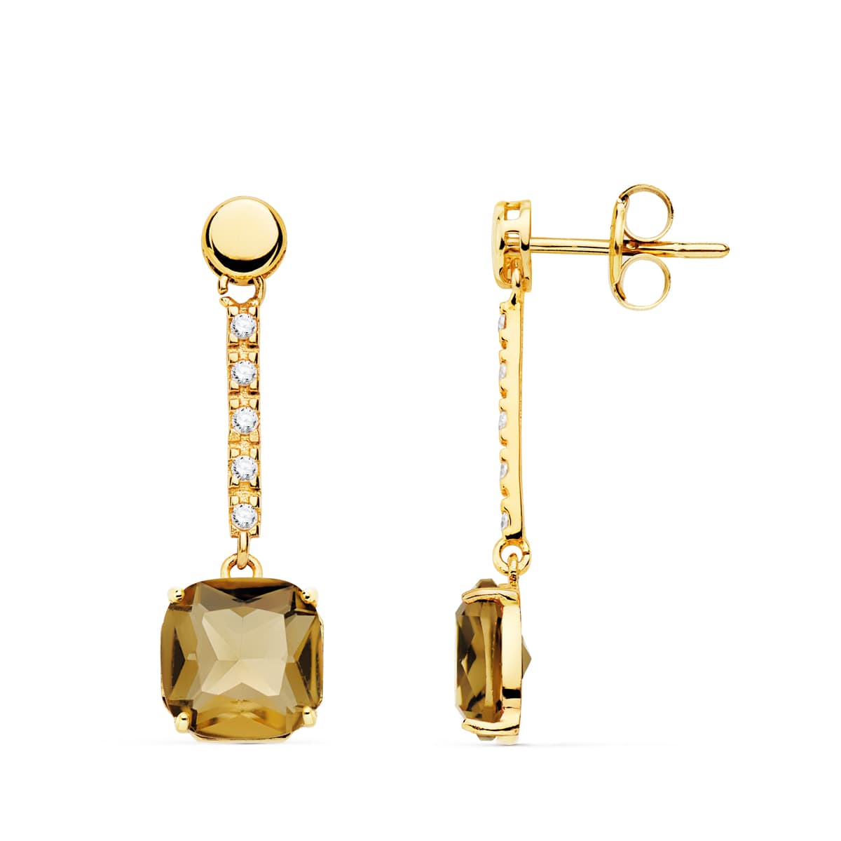Pendientes Piedra Cuadrada Color Fume. 28 x 8 mm de oro amarillo 18K
