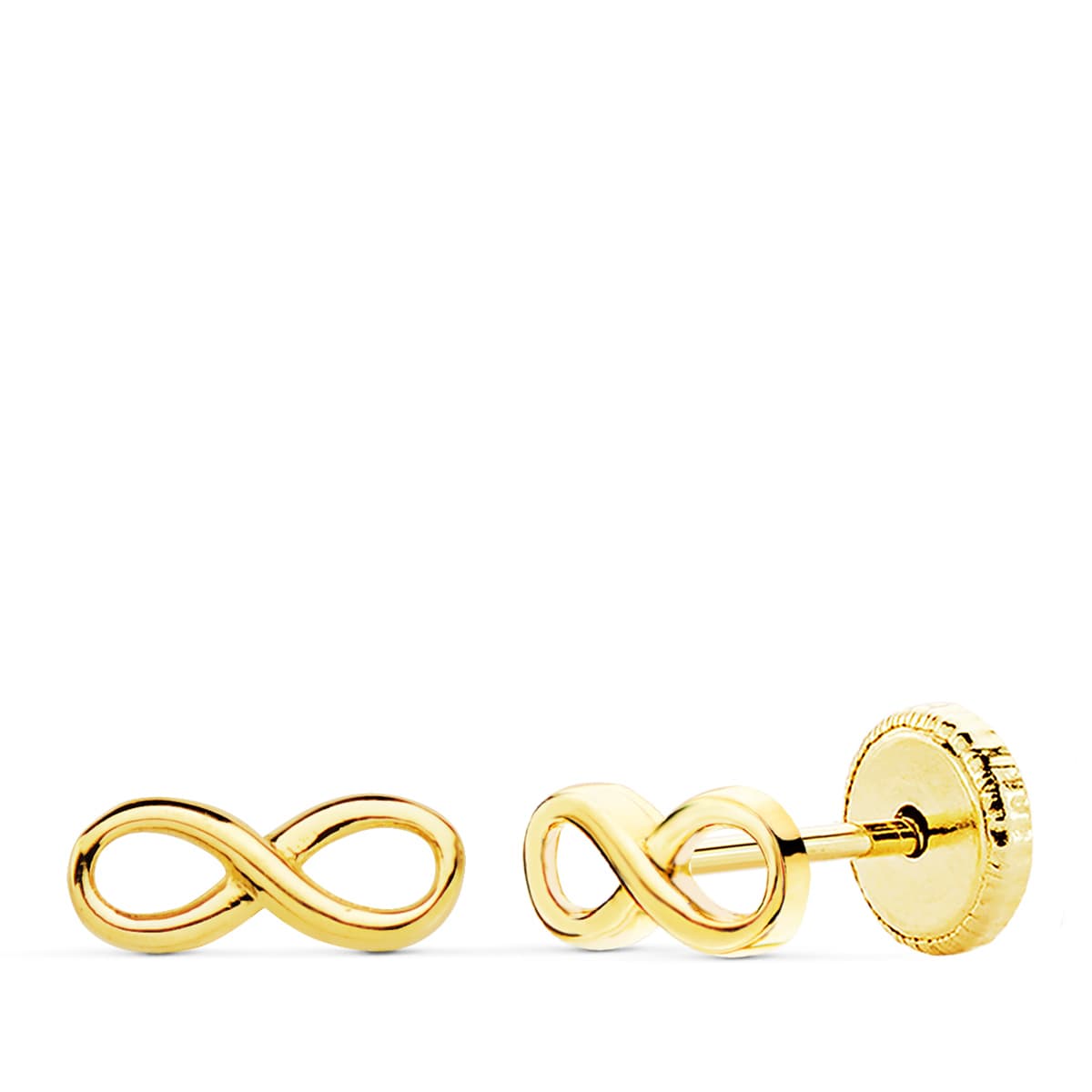 Pendientes Infinito Lisos. 8 x 3 mm Cierre Tuerca de oro amarillo 18K