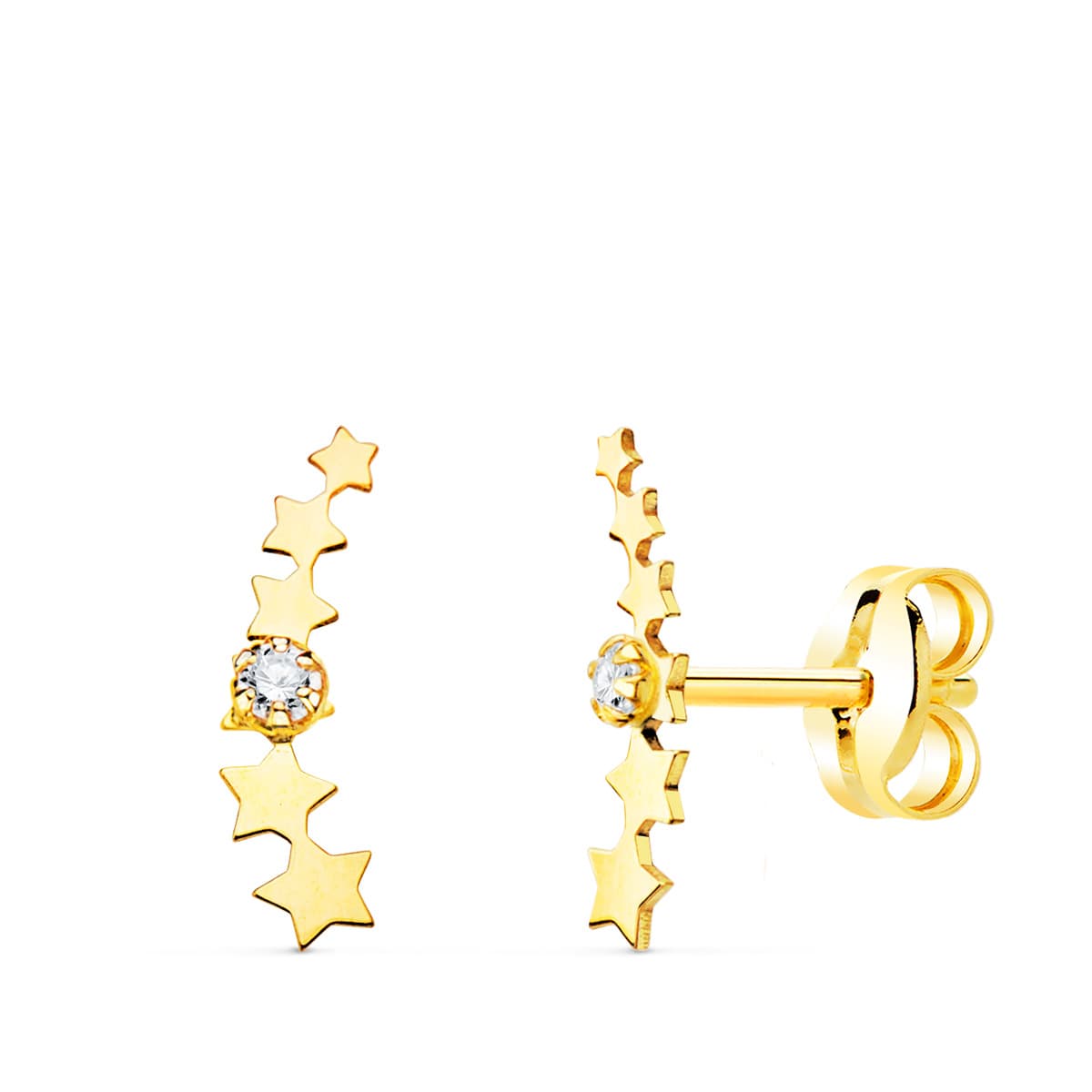 Pendientes Trepador Mini Estrellas con Circonita 10 x 2,5 mm de oro amarillo 18K