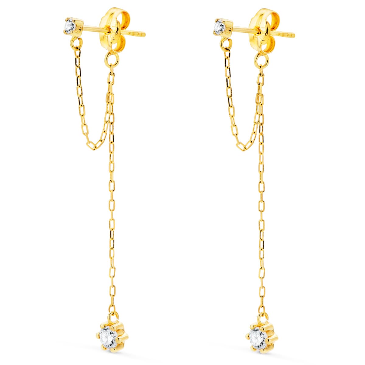 18K PENDIENTES ORO AMARILLO CIRCONITA CON DOBLE CADENA DE 3 CM CIERRE PRESION