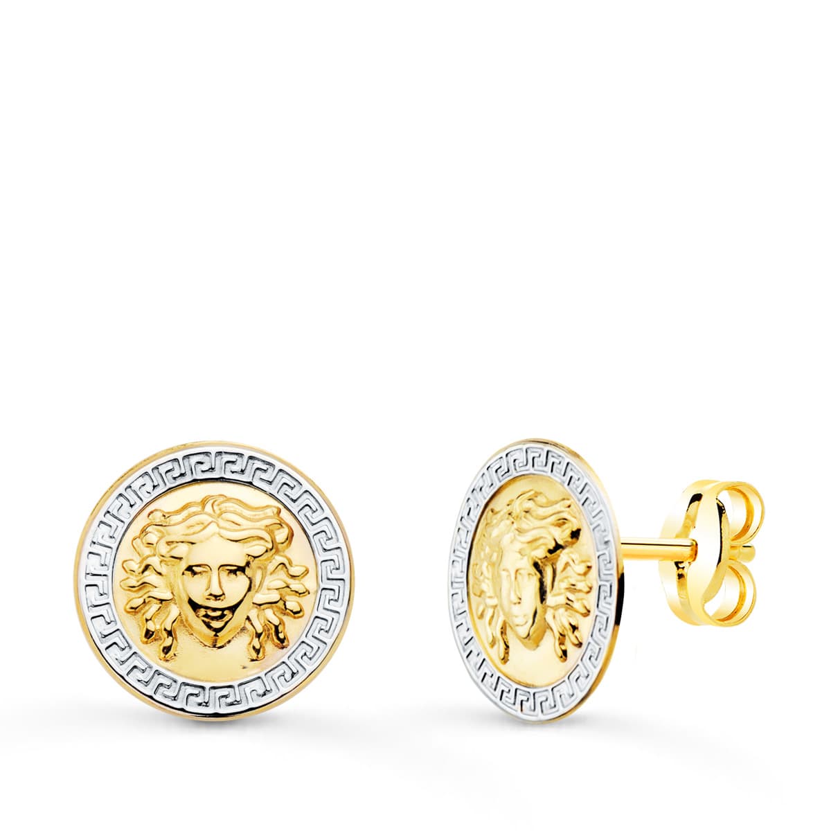 Pendientes Bicolor Medusa y Borde de Greca 12 mm 18K
