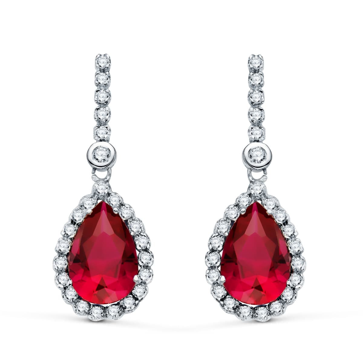Pendientes Dos Cuerpos con Piedra Roja 12 x 8 mm. 33 x 12 mm de oro blanco 18K