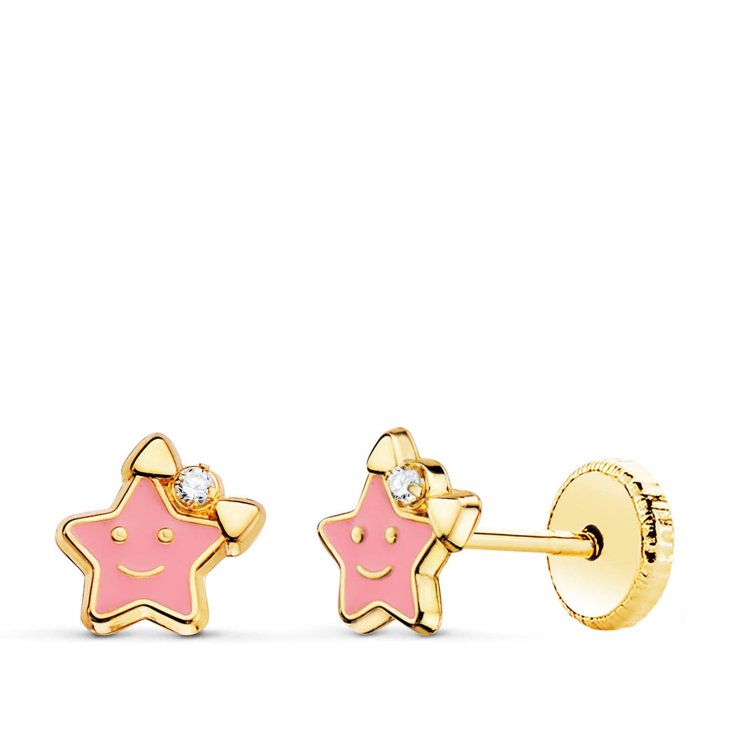 18K PENDIENTES ORO AMARILLO ESTRELLA ESMALTE ROSA 6,5 X 6,5 MM CIERRE TUERCA