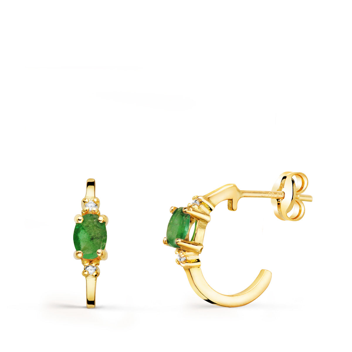 Pendientes Medio Aro Liso con Esmeraldas 12 x 3 mm de oro amarillo 18K