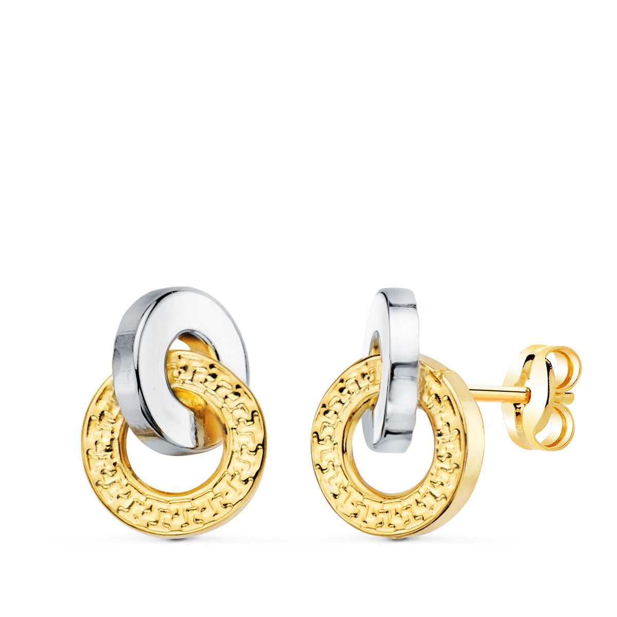 18K PENDIENTES ORO BICOLOR DOBLE ARO LISO Y GRECA 10 X 7 MM. CIERRE PRESION