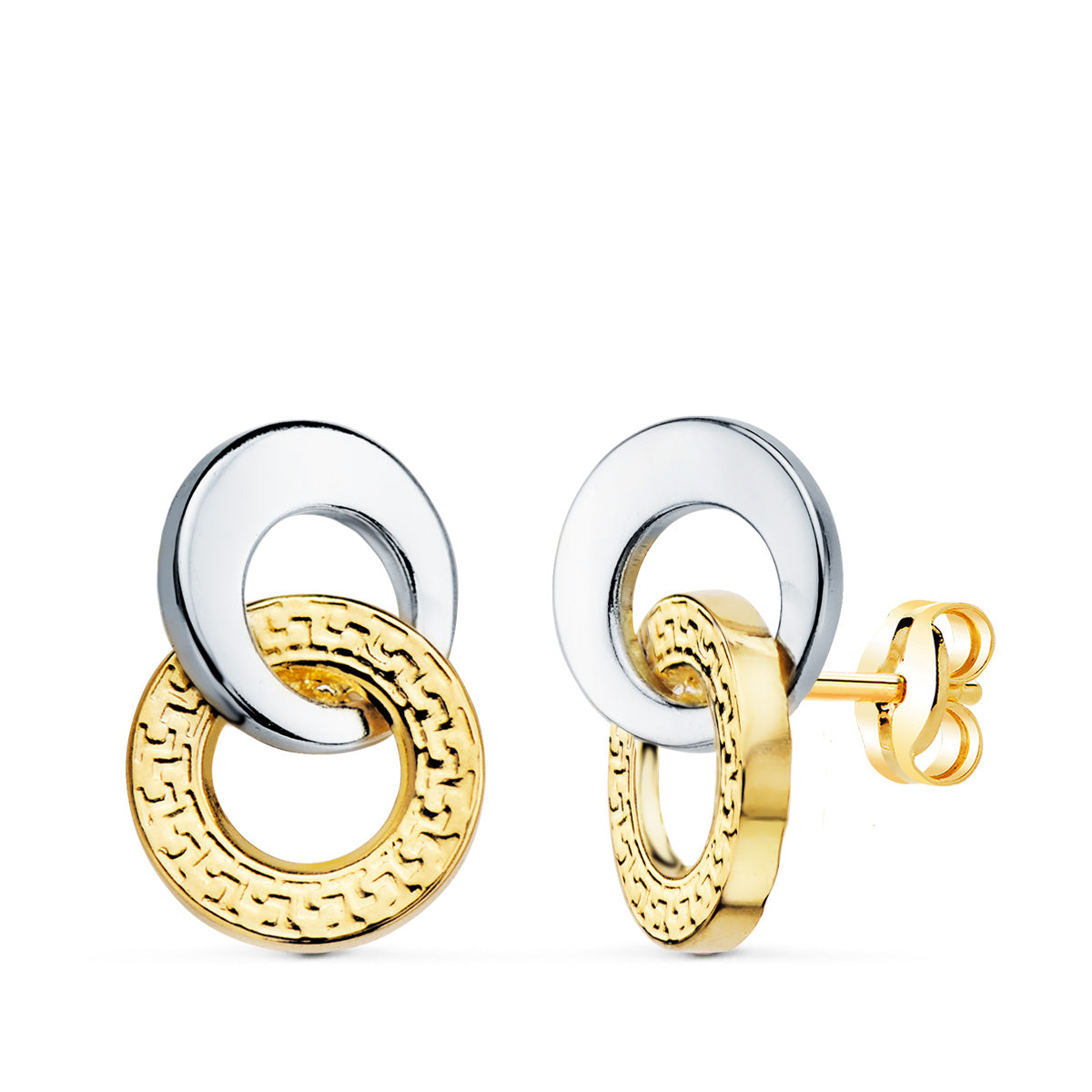 18K PENDIENTES ORO BICOLOR DOBLE ARO LISO Y GRECA 13 X 9 MM. CIERRE PRESION