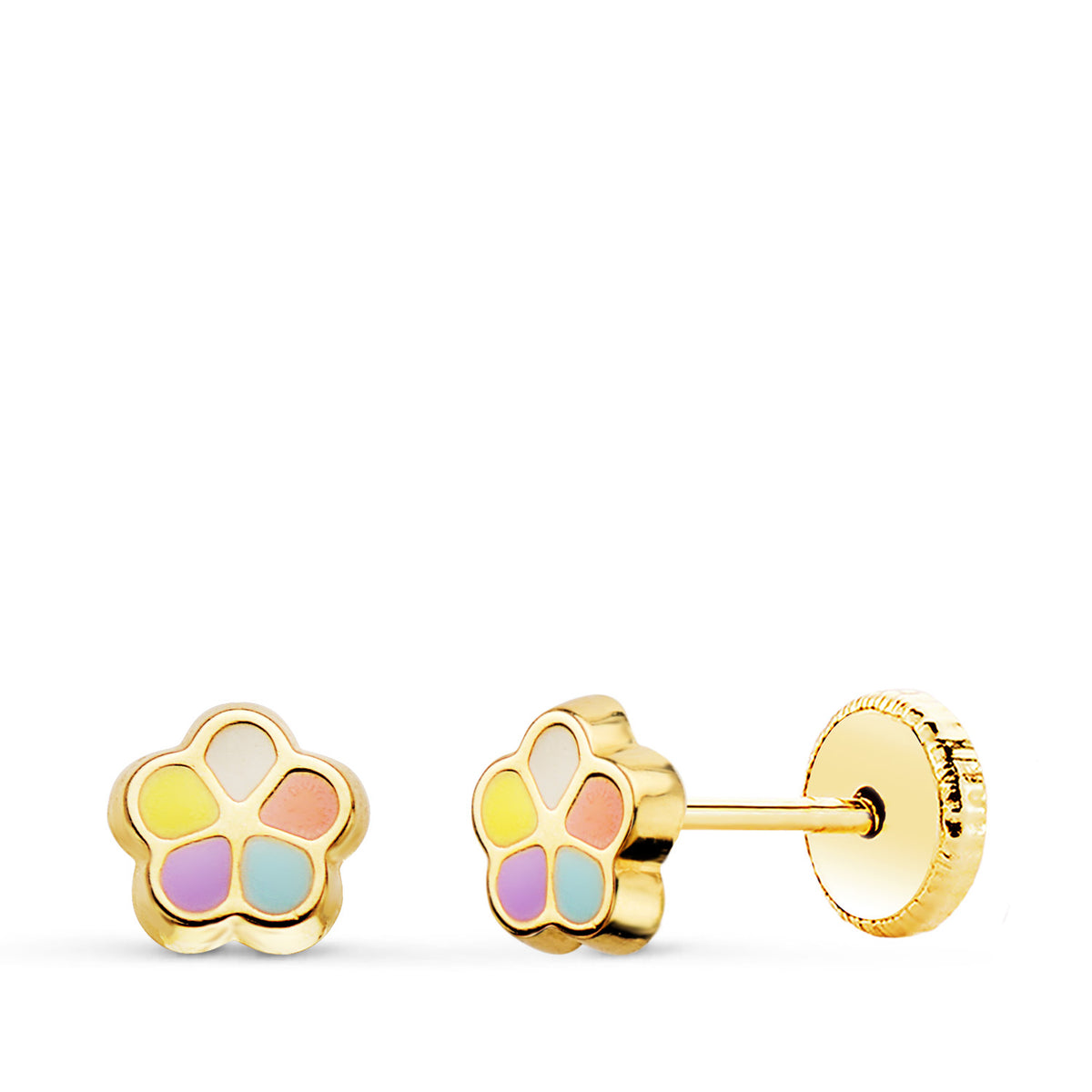 Pendientes Flor Esmalte 5 mm Cierre Tuerca 18K