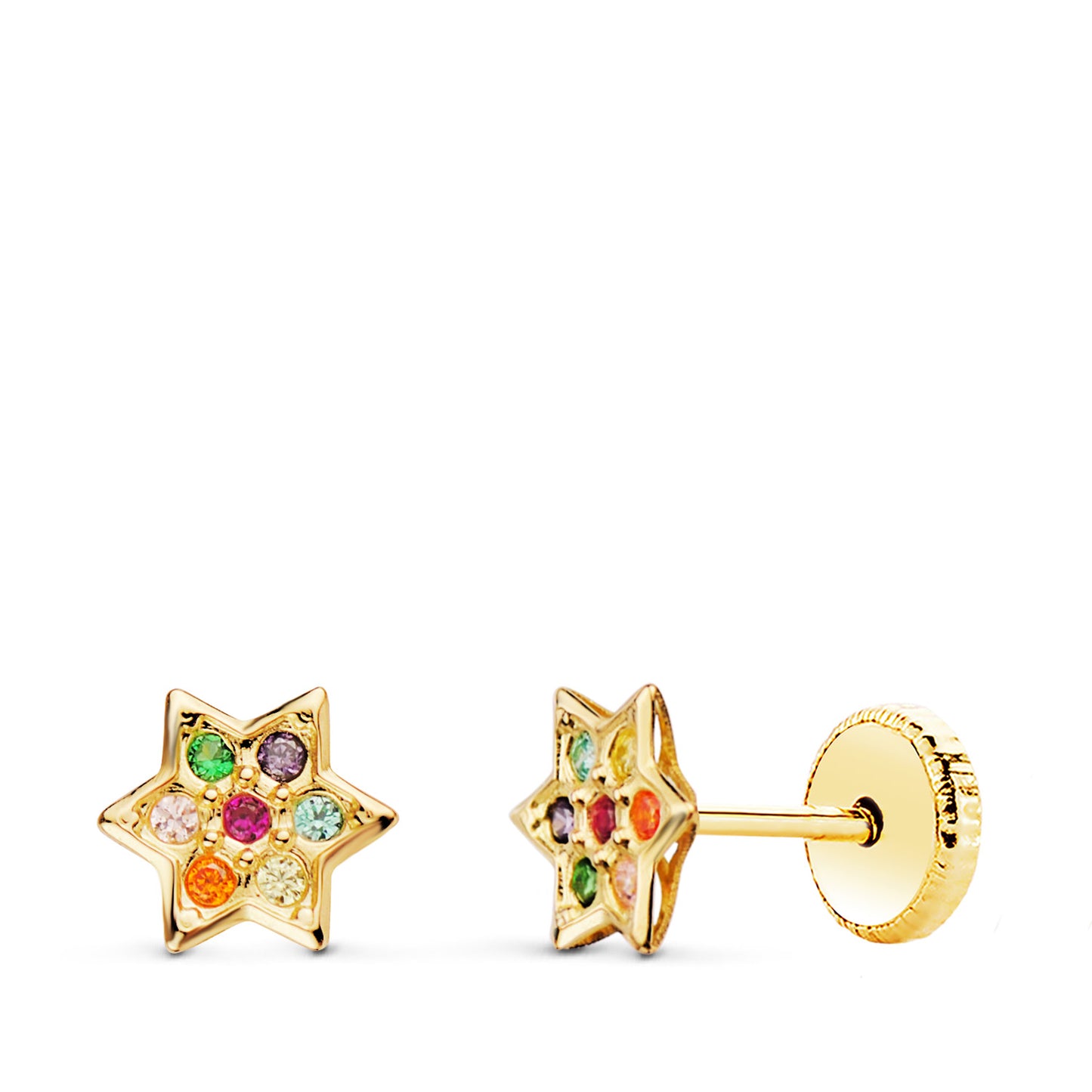 18K PENDIENTES ORO AMARILLO ESTRELLA CON CIRCONITA COLORES 6X6 MM CIERRE TUERCA