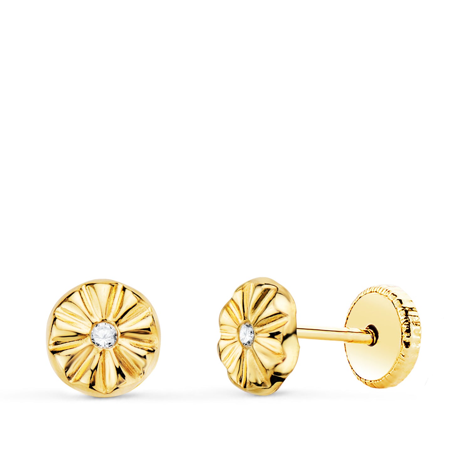 18K PENDIENTES ORO AMARILLO REDONDOS CON CIRCONITA 5 X 5 MM CIERRE TUERCA