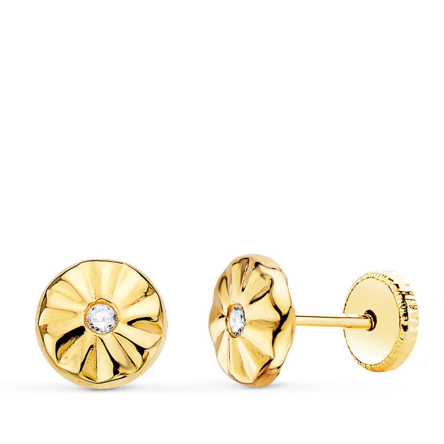 18K PENDIENTES ORO AMARILLO REDONDOS CON CIRCONITA 6,5 MM CIERRE TUERCA