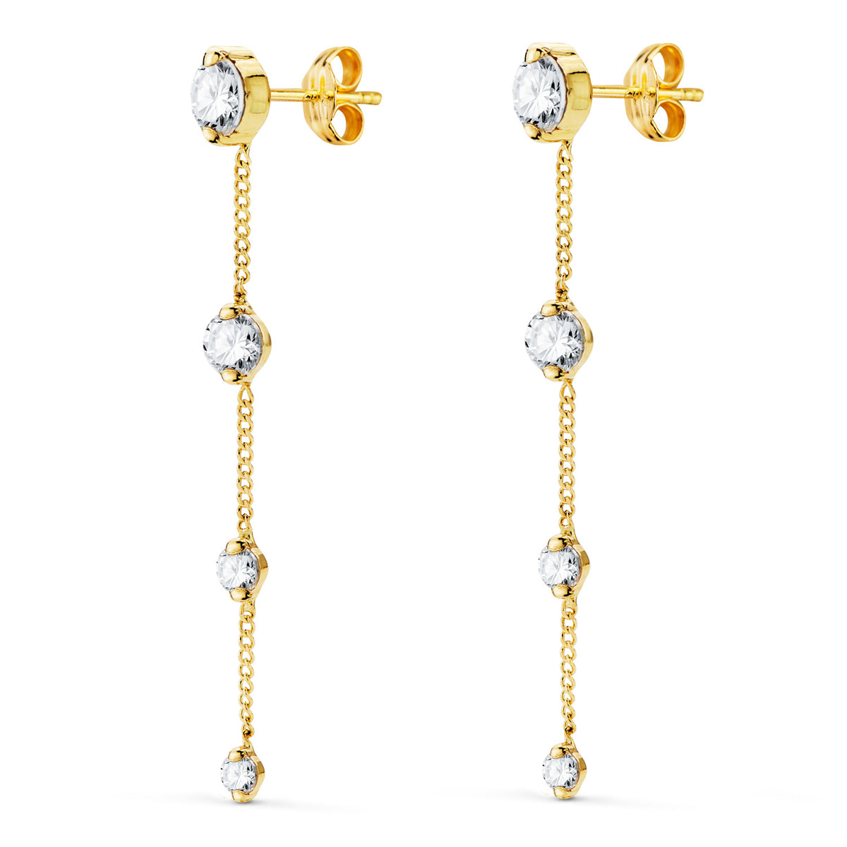 Pendientes Largos con Cadena y Circonita 46 mm. Cierre presiónç de oro amarillo 18K