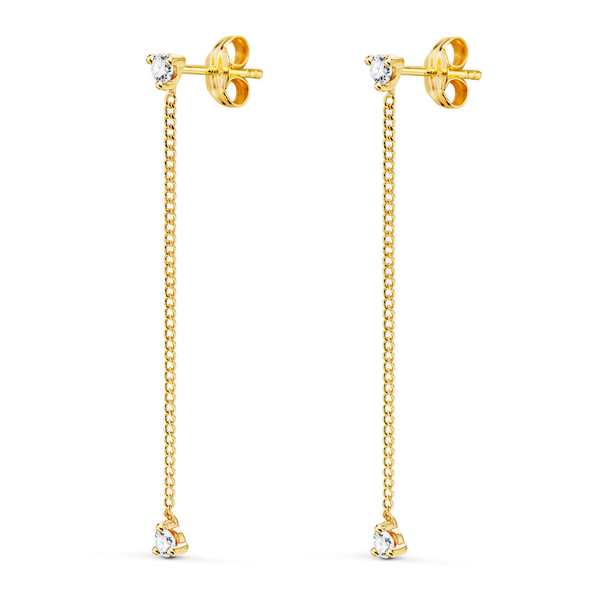 Pendientes Largos con Cadena y Circonita 42 mm. de oro amarillo 18K