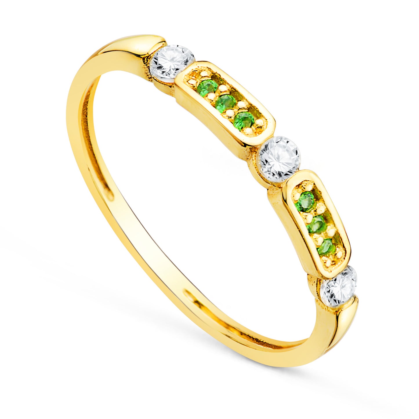 18K SORTIJA ORO AMARILLO CON CIRCONTIAS VERDES Y BLANCAS. ANCHO 2.5MM