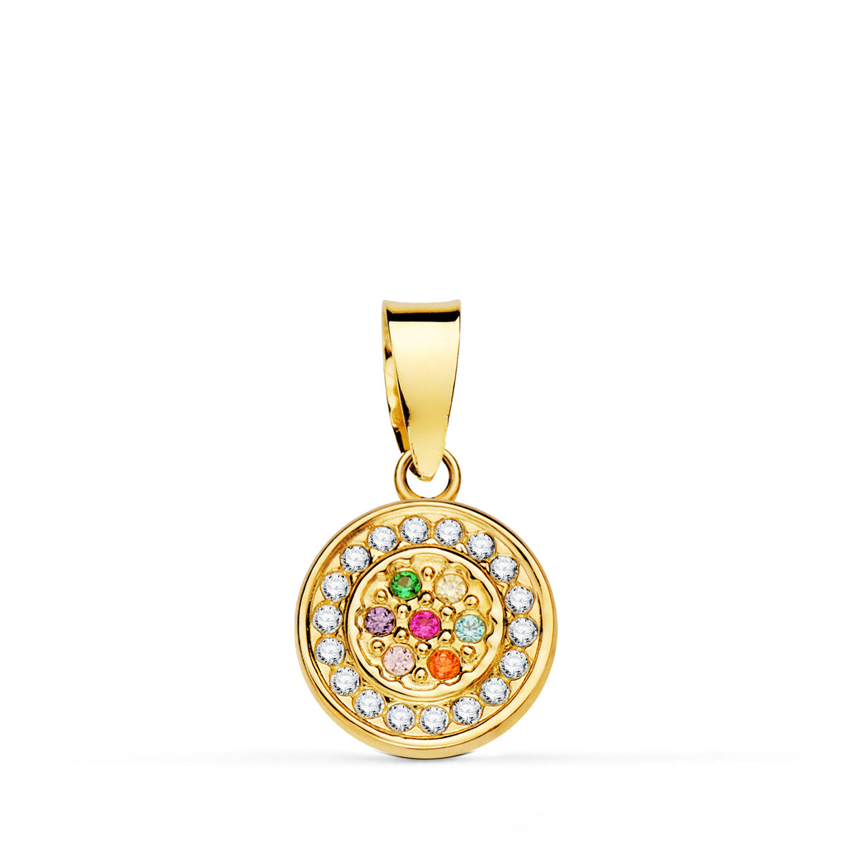 Colgante con Circonita Blancas y Multicolor. diámetro: 9 mm de oro amarillo 18K