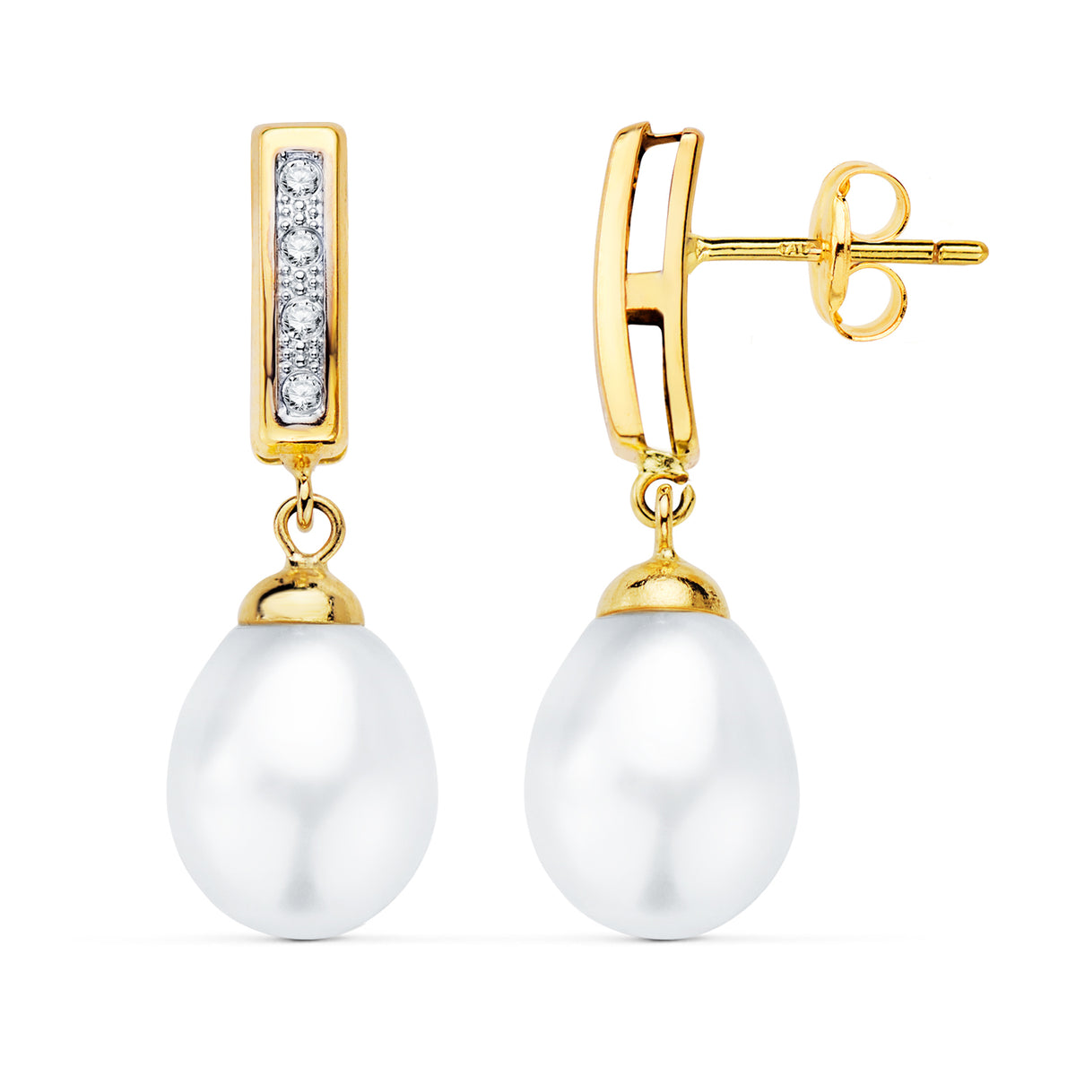 Pendientes Bicolor Dos Cuerpos con Perlas y Circonita 25 x 9 mm presión 18K