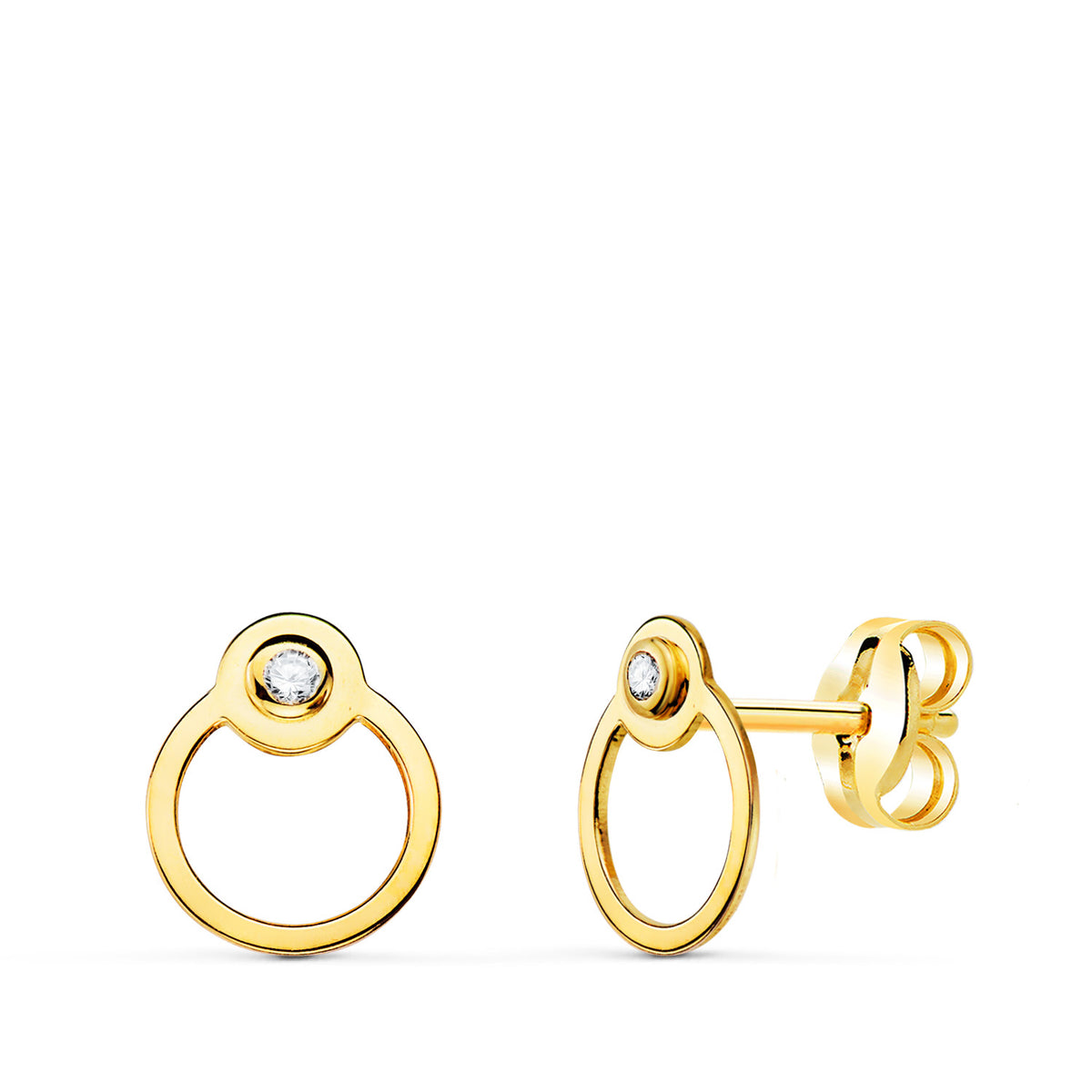 Pendientes Redondos con Circulo y Circonita. de oro amarillo 18K