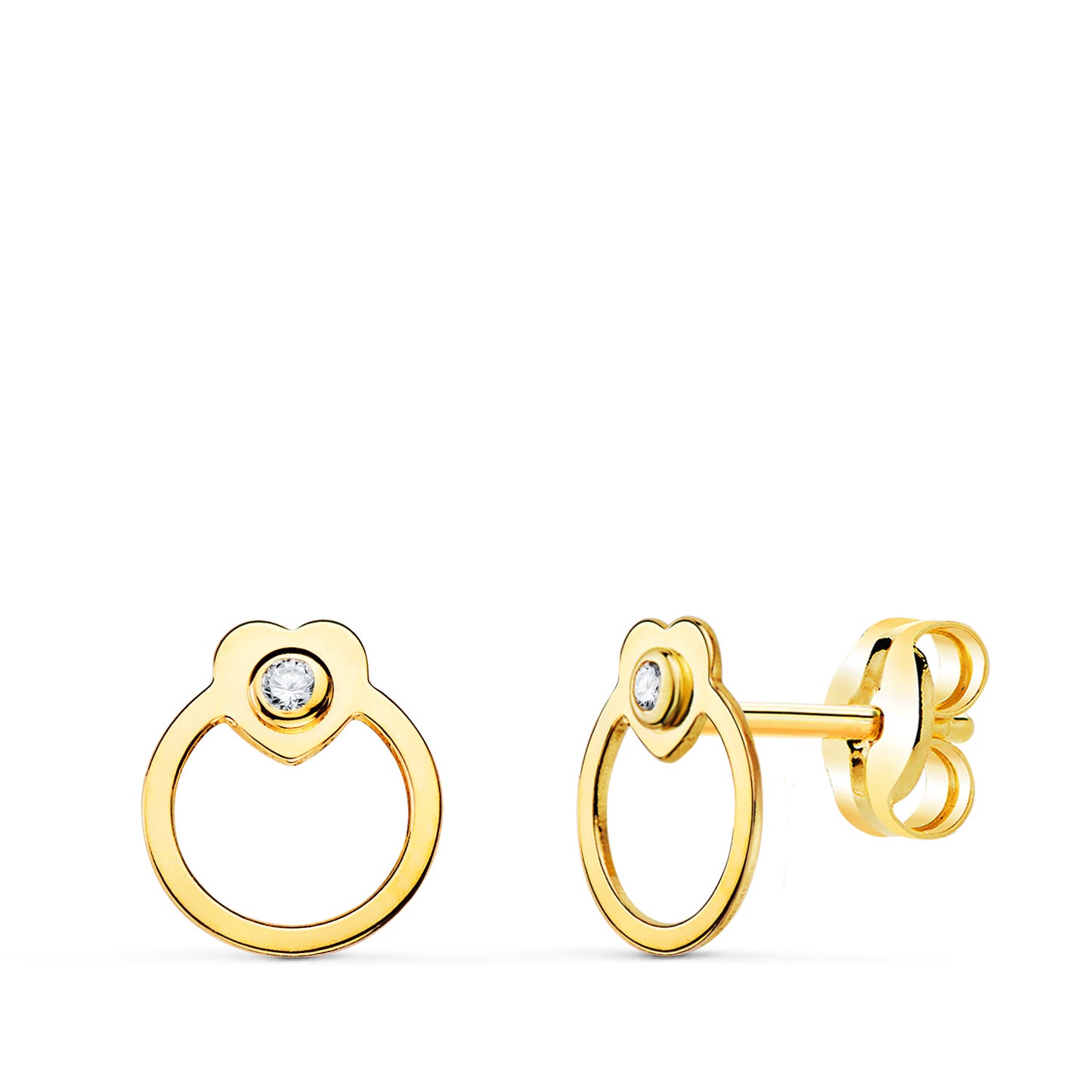 18K PENDIENTES ORO AMARILLO REDONDOS CON CORAZON Y CIRCONITA. CIERRE PRESION 7 X 6 MM