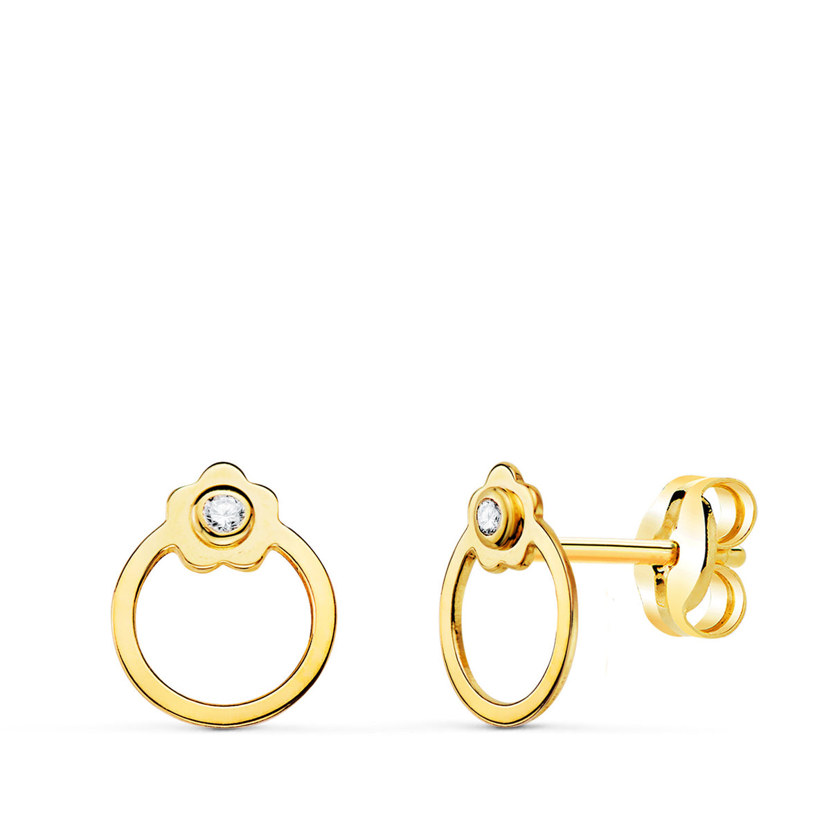 Pendientes Redondos con Flor y Circonita. de oro amarillo 18K