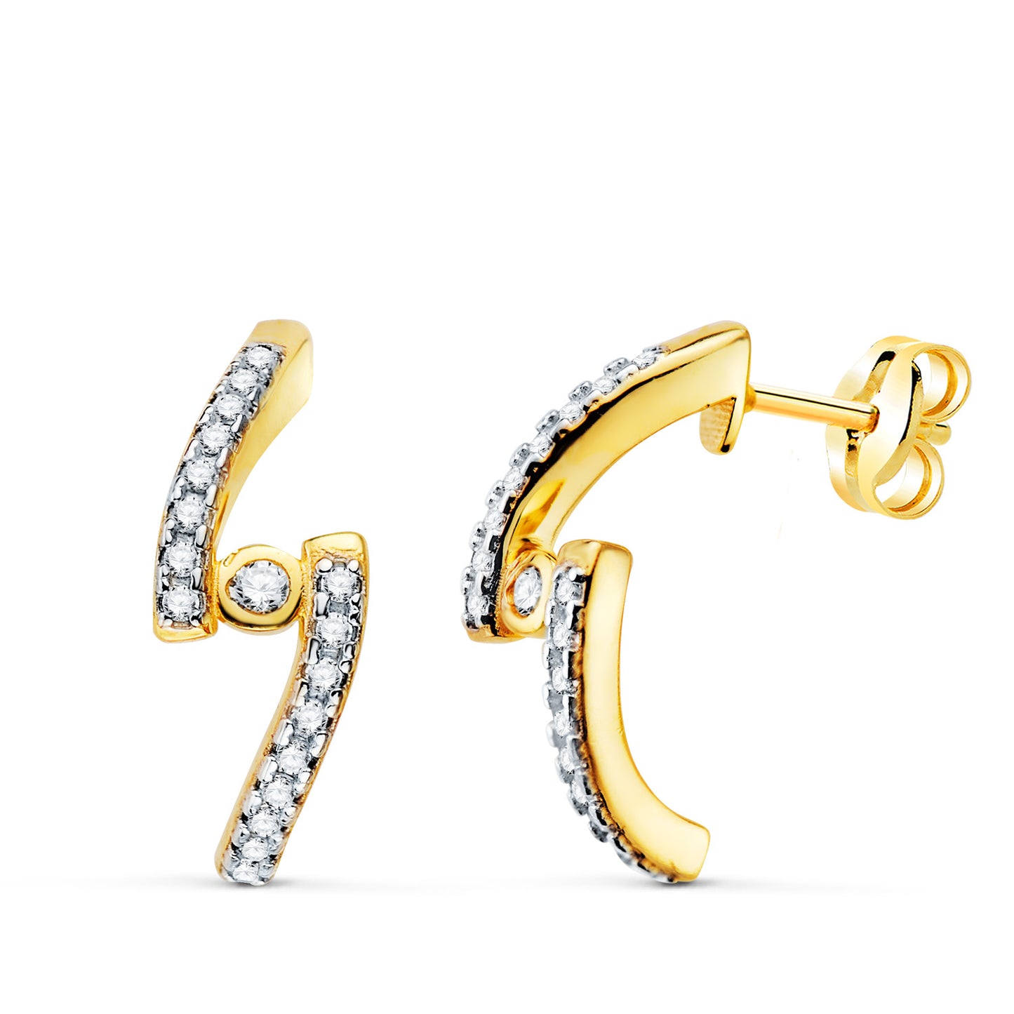 18K PENDIENTES ORO AMARILLO MEDIO ARO DOBLE BANDA CIRCONITA 15 X 6 MM CIERRE PRESION.