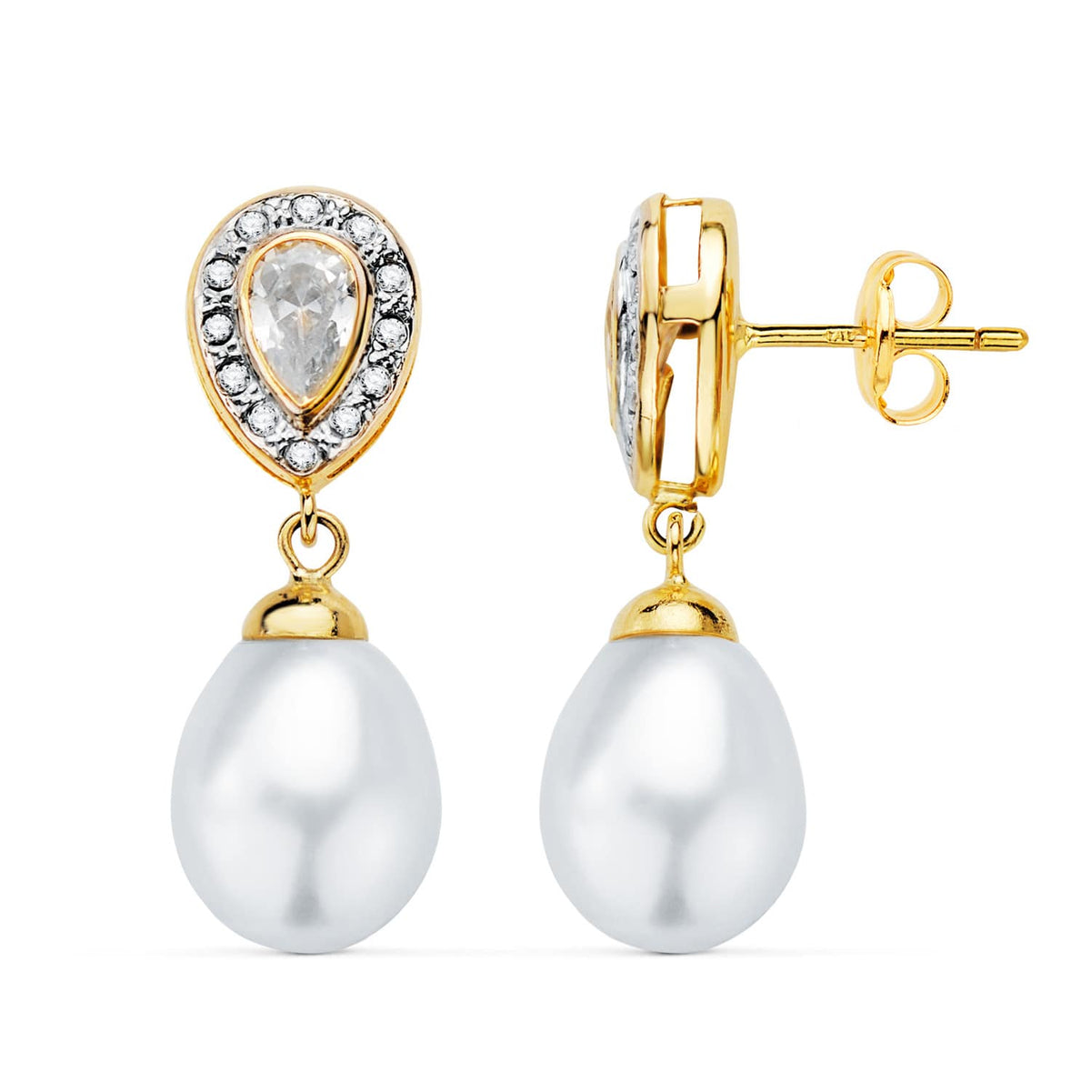 Pendientes Bicolor Dos Cuerpos con Perlas y Circonita 25 x 8 mm presión 18K
