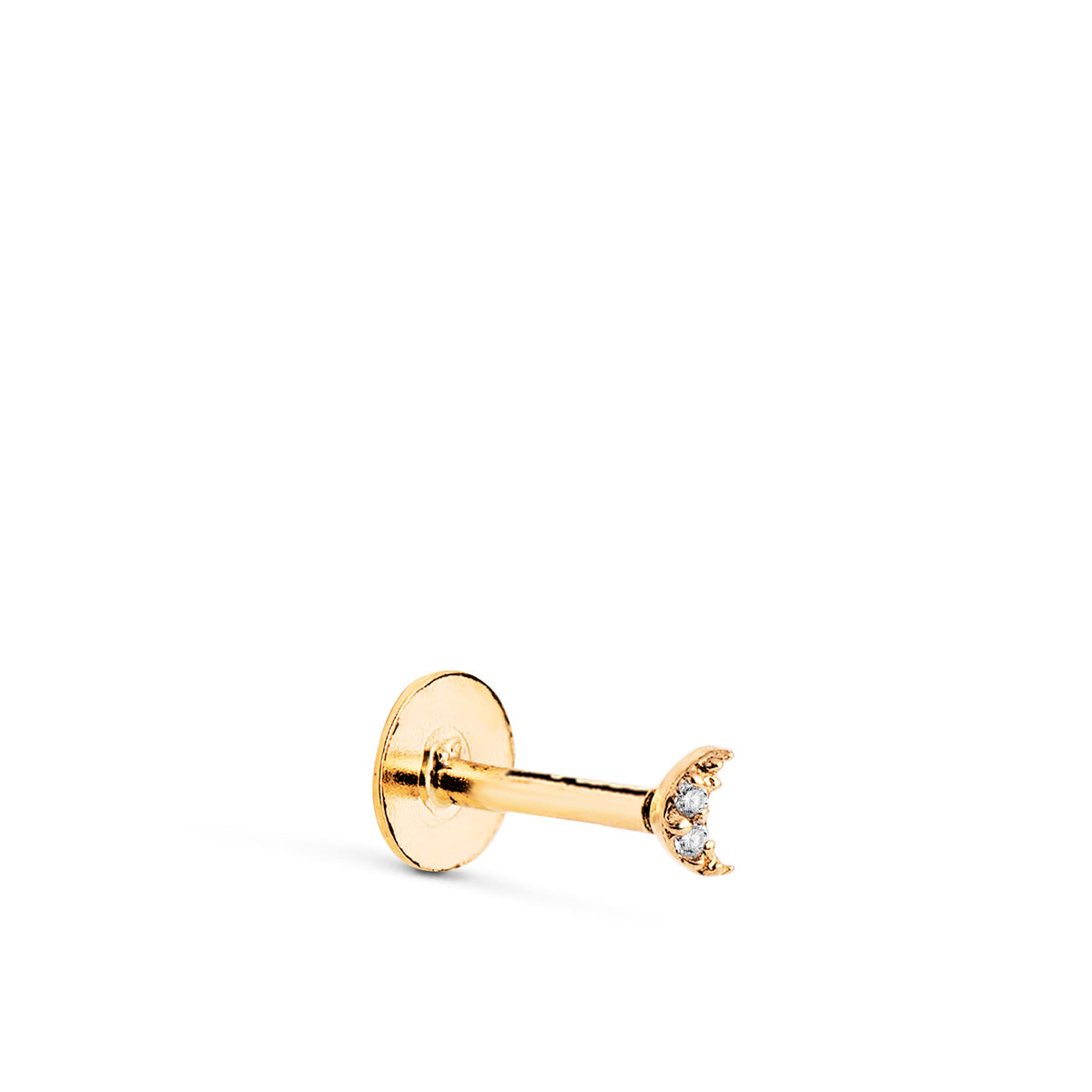 Piercing de Oreja Media Luna Mini con Circonitas. Grueso Barra 1,20 mm. Medida: 3 x 2 mm. Cierre Tuerca de oro amarillo 18K