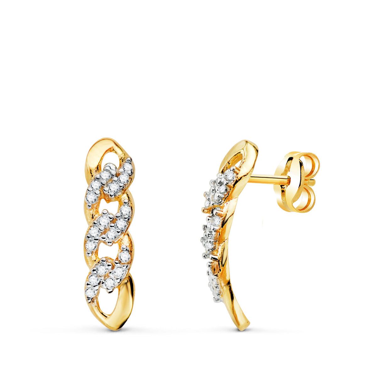 Pendientes Bicolor Eslabones Circonita 16 x 4 mm. 18K
