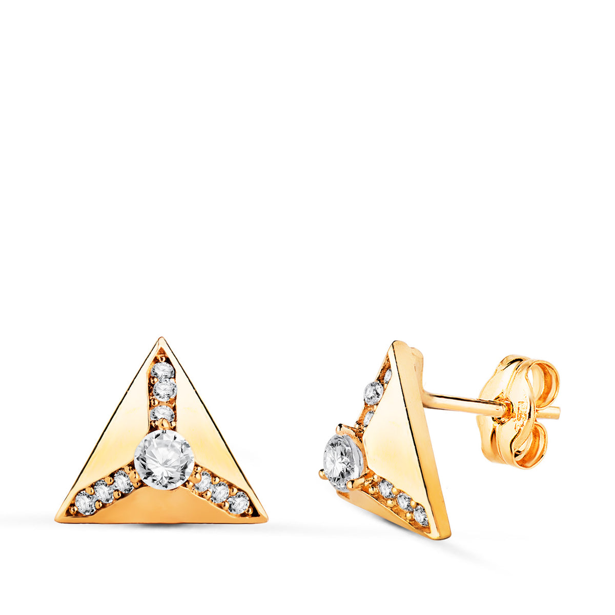 Pendientes Triangulo Piramide con Circonitas en Brillo. Medida: 10 x 10 mm.cierr presión de oro amarillo 18K