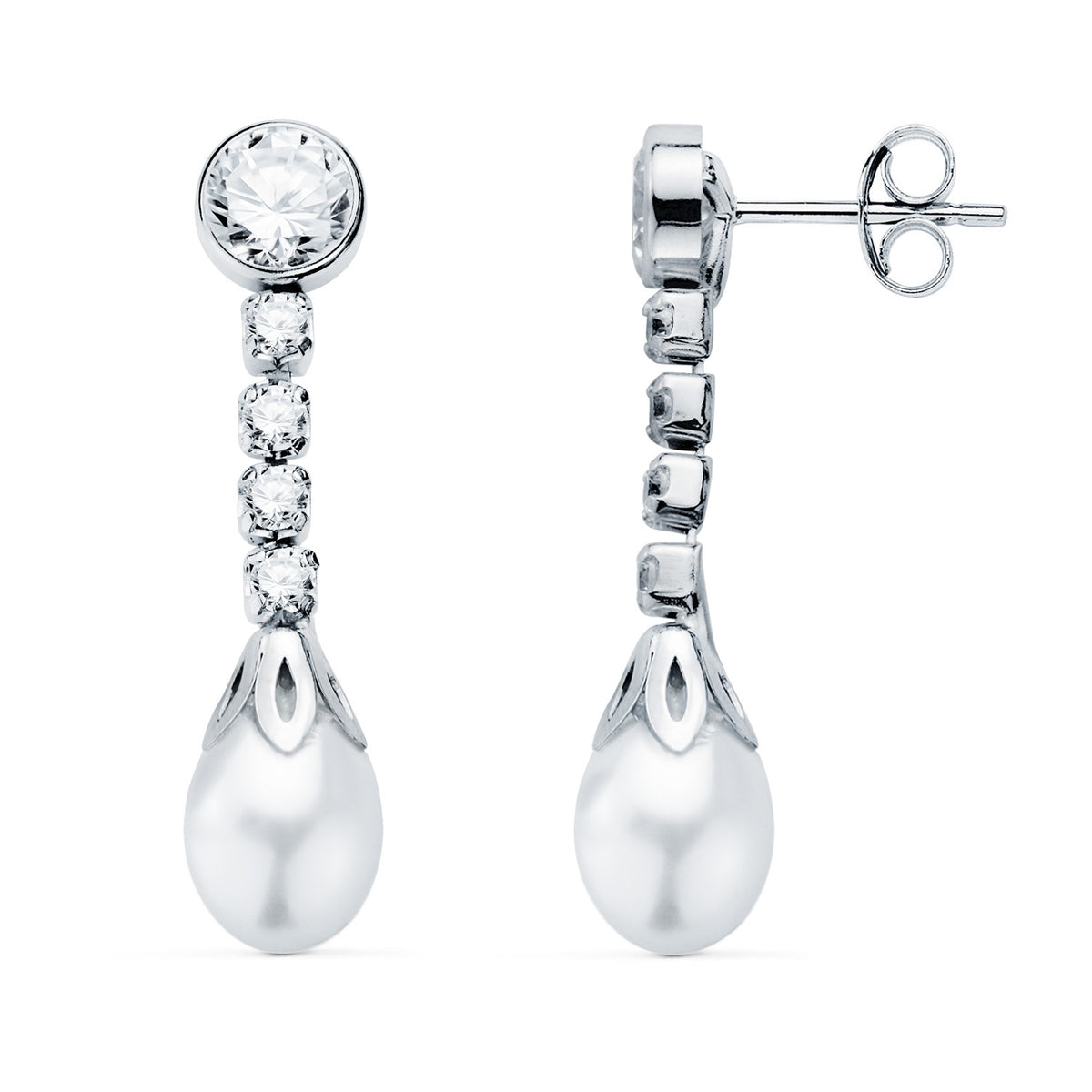 Pendientes Perla y Chaton con Circonita 27 x 6,5 mm. de oro blanco 18K