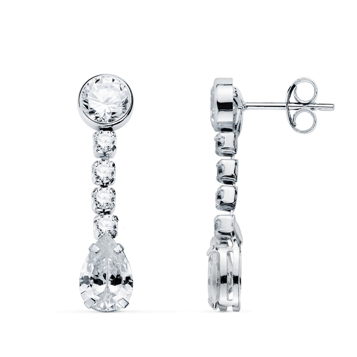 Pendientes Circonita en Forma de Gota y Circonitas. 22 x 5 mm. de oro blanco 18K