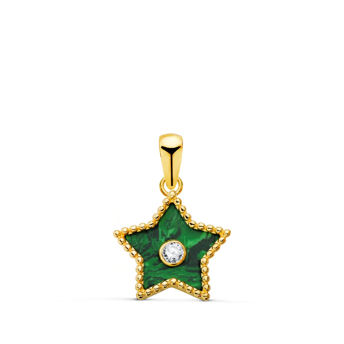 18K COLGANTE AMULETO ORO AMARILLO ESTRELLA CERCO BOLITAS Y MALAQUITA CON CIRCONITA 12X11 MM.