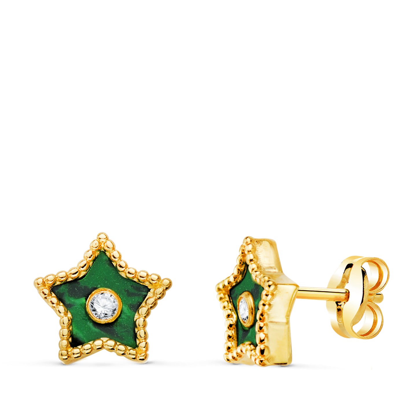 18K PENDIENTES ORO AMARILLO ESTRELLA CERCO BOLITAS Y MALAQUITA CON CIRCONITA 9X9 MM. CIERRE PRESION