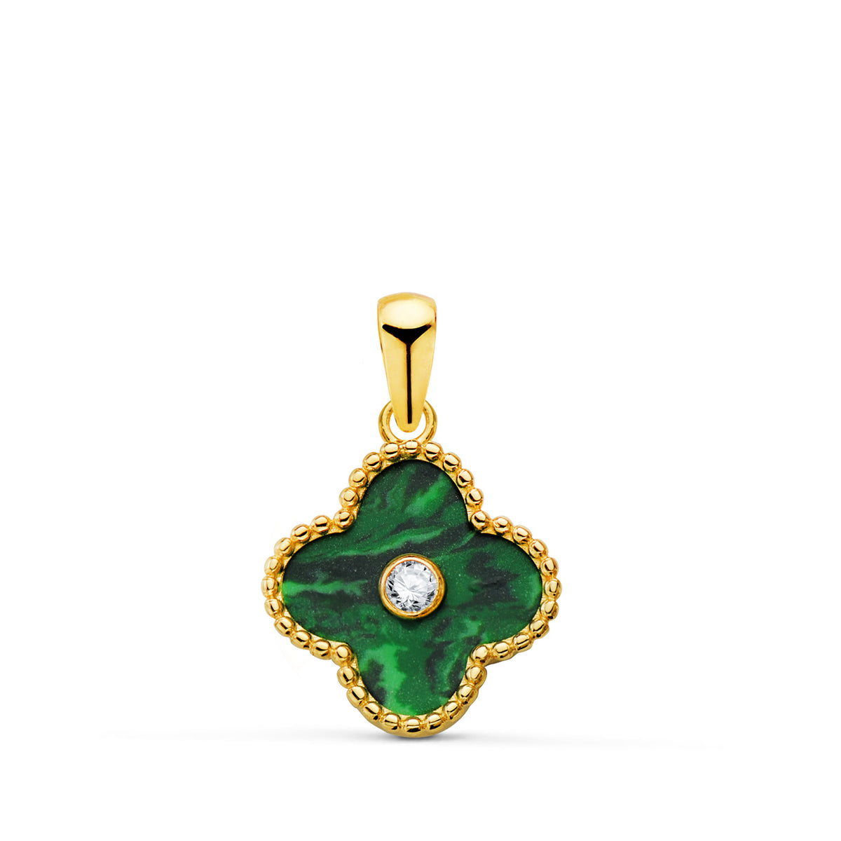 Colgante Amuleto Trebol Cerco Bolitas y Malaquita con Circonita 12,5 x 12,5 mm. de oro amarillo 18K