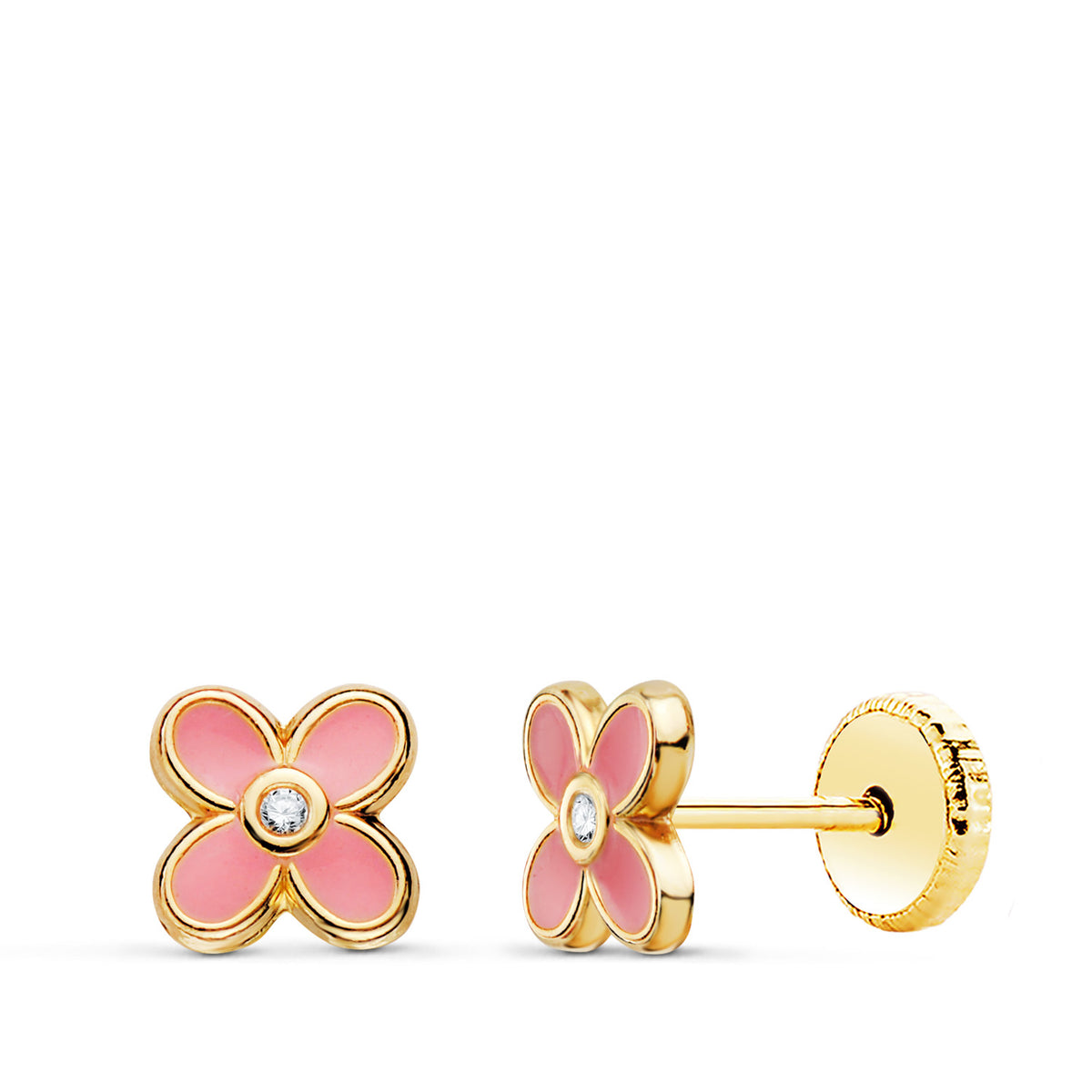 Pendientes Trebol Esmalte Rosa 6 x 6 mm. Cierre Tuerca de oro amarillo 18K