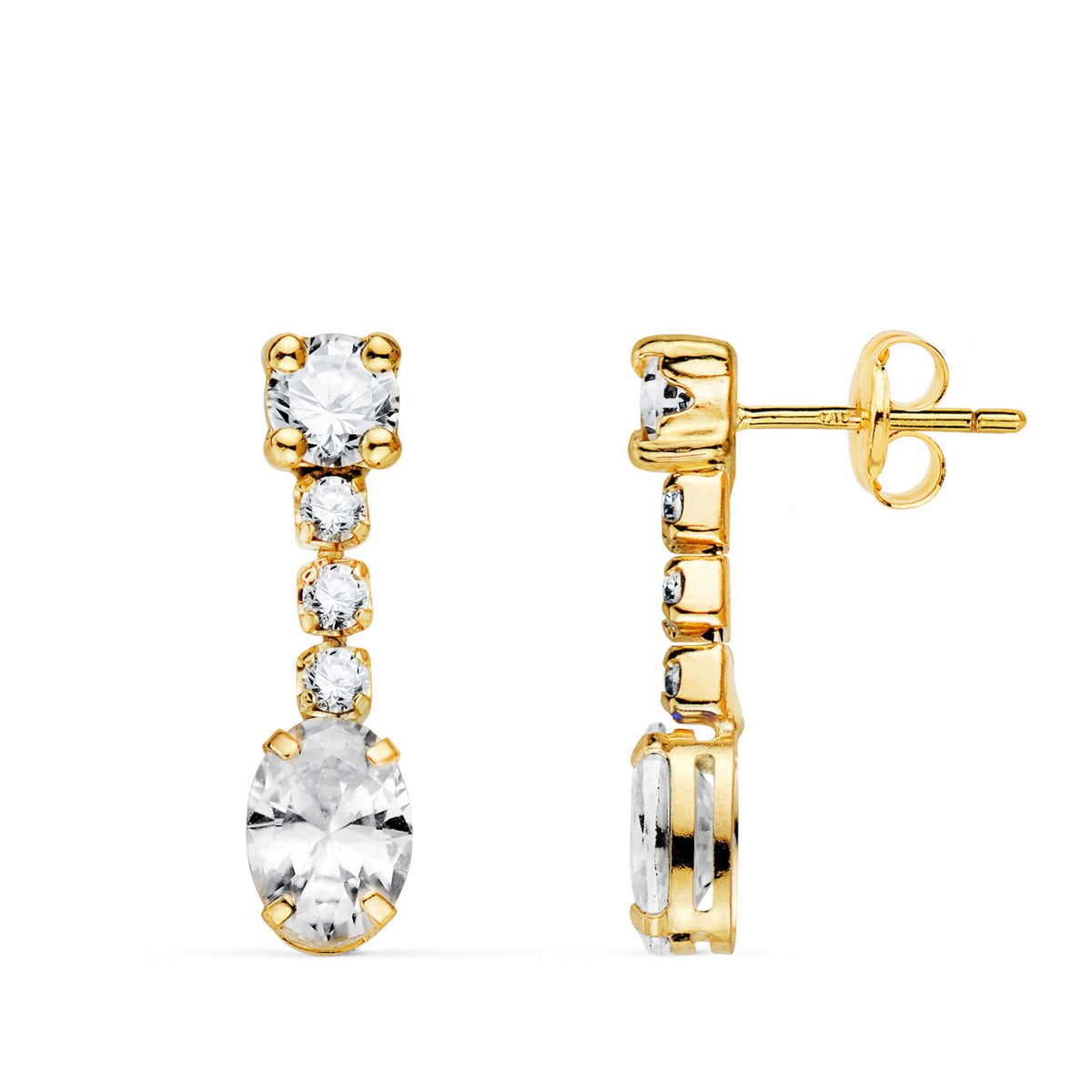 Pendientes Circonita Blanca en Forma Oval y Circonitas. 20 x 5 mm. de oro amarillo 18K