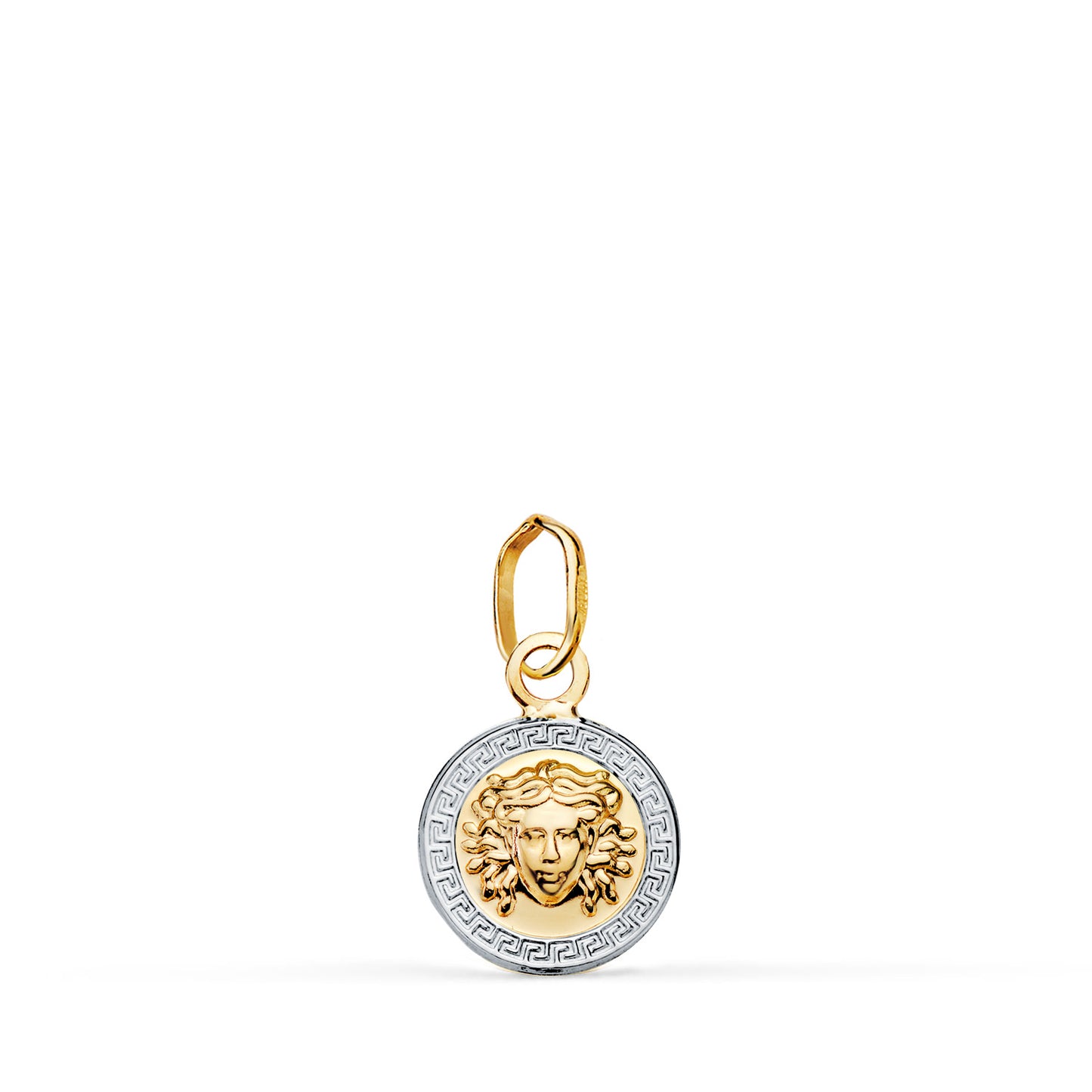 18K MEDALLA ORO BICOLOR MEDUSA GRECA EN BRILLO. MEDIDA: 10 MM