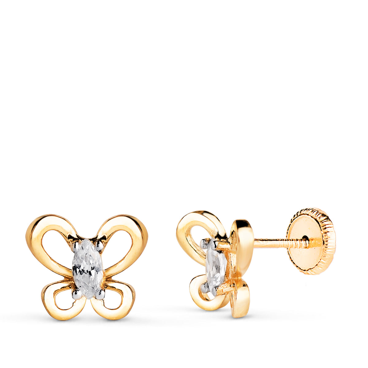 Pendientes Mariposa con Circonitas Marquise. Medida: 8 x 7 mm. Cierre Tuerca de oro amarillo 18K
