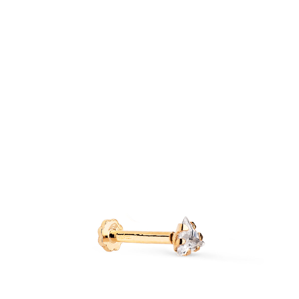 Piercing de Oreja Circonita Triangulo 3,5 x 3,5 mm. Grueso Barra 1,20 mm. Cierre Tuerca de oro amarillo 18K