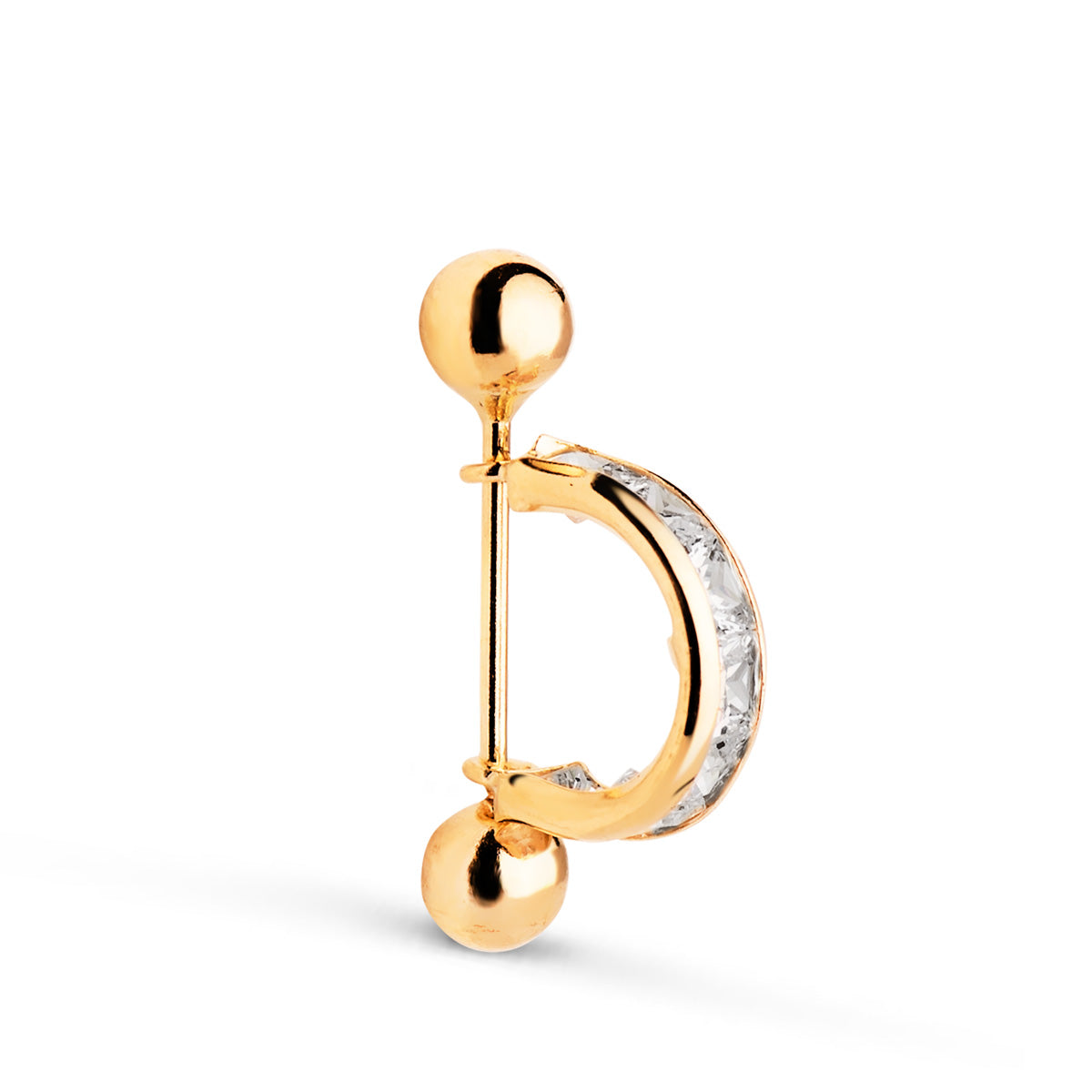 Piercing de Oreja Medio Aro con Circonitas Carre y Dos Bolas. Aro: 11 x 3 mm de oro amarillo 18K