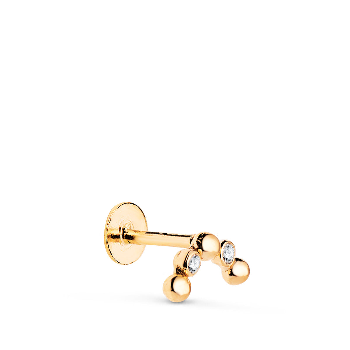 Piercing de Oreja Arco con Circonitas y Bolas. Grueso Barra 1,20 mm. Medida: 8 x 4,5 mm. Cierre Tuerca de oro amarillo 18K
