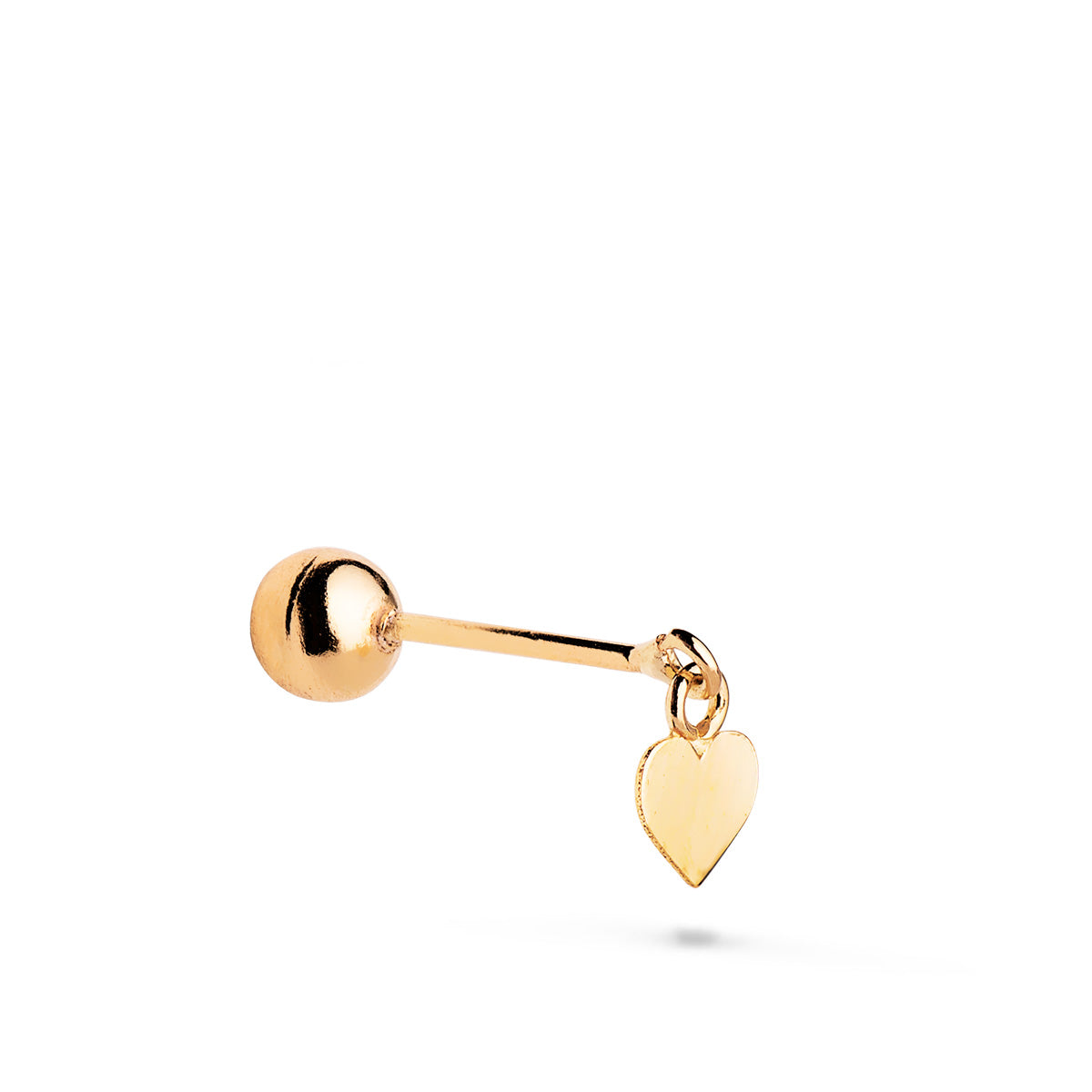 Piercing de Oreja con Colgante Corazon. Medida: 4,5 x 5 mm. Cierre Bola 4 mm de oro amarillo 18K