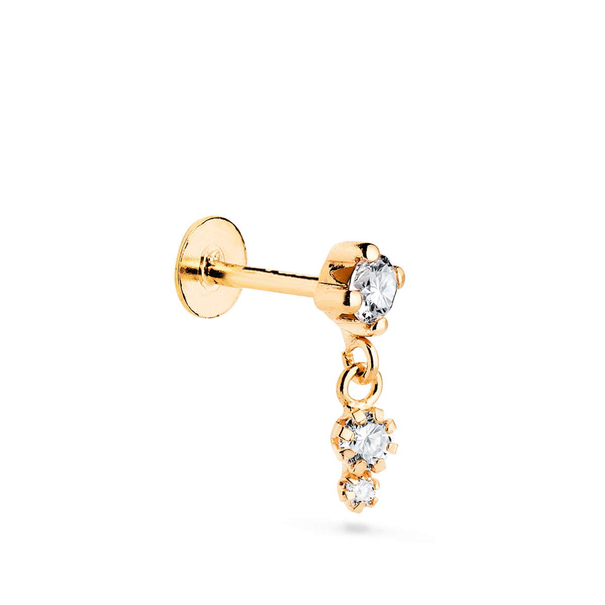 18K PIERCING DE OREJA ORO AMARILLO CON CIRCONITAS. GRUESO BARRA 1.20 MM ANCHO: 4 MM TOTAL PIERCING 12 MM CIERRE TUERCA