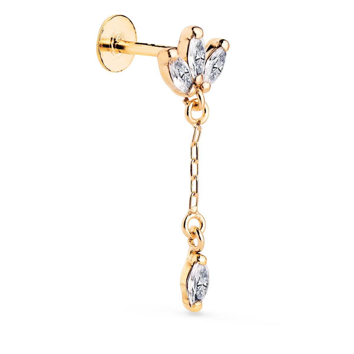 18K PIERCING DE OREJA ORO AMARILLO CON 3 CIRCONITAS Y CADENA. GRUESO BARRA 1.20 MM. MEDIDA: 22 X 7 MM. CIERRE TUERCA