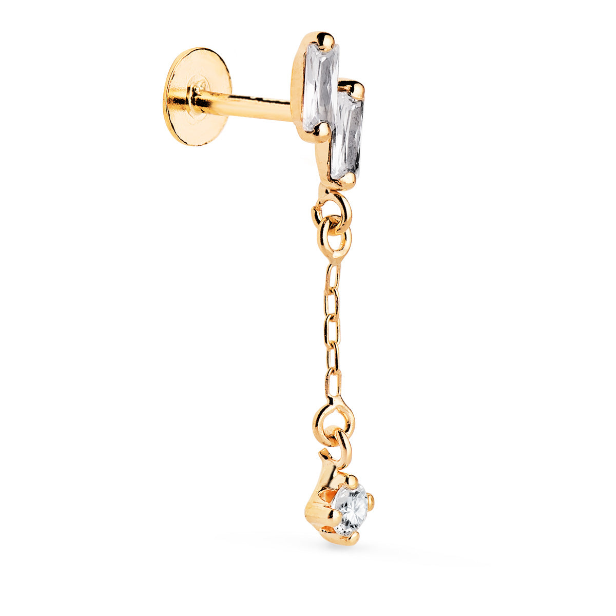 Piercing de Oreja con 2 Circonitas Baguette y Cadena. Grueso Barra 1,20 mm. Medida: 24 x 4 mm. Cierre Tuerca de oro amarillo 18K