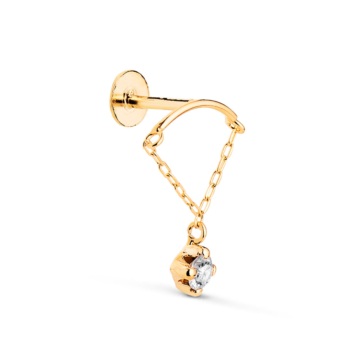 Piercing de Oreja Curva con Cadena y Circonita. Grueso Barra 1,20 mm. Medida: 15 x 12 mm. Cierre Tuerca de oro amarillo 18K