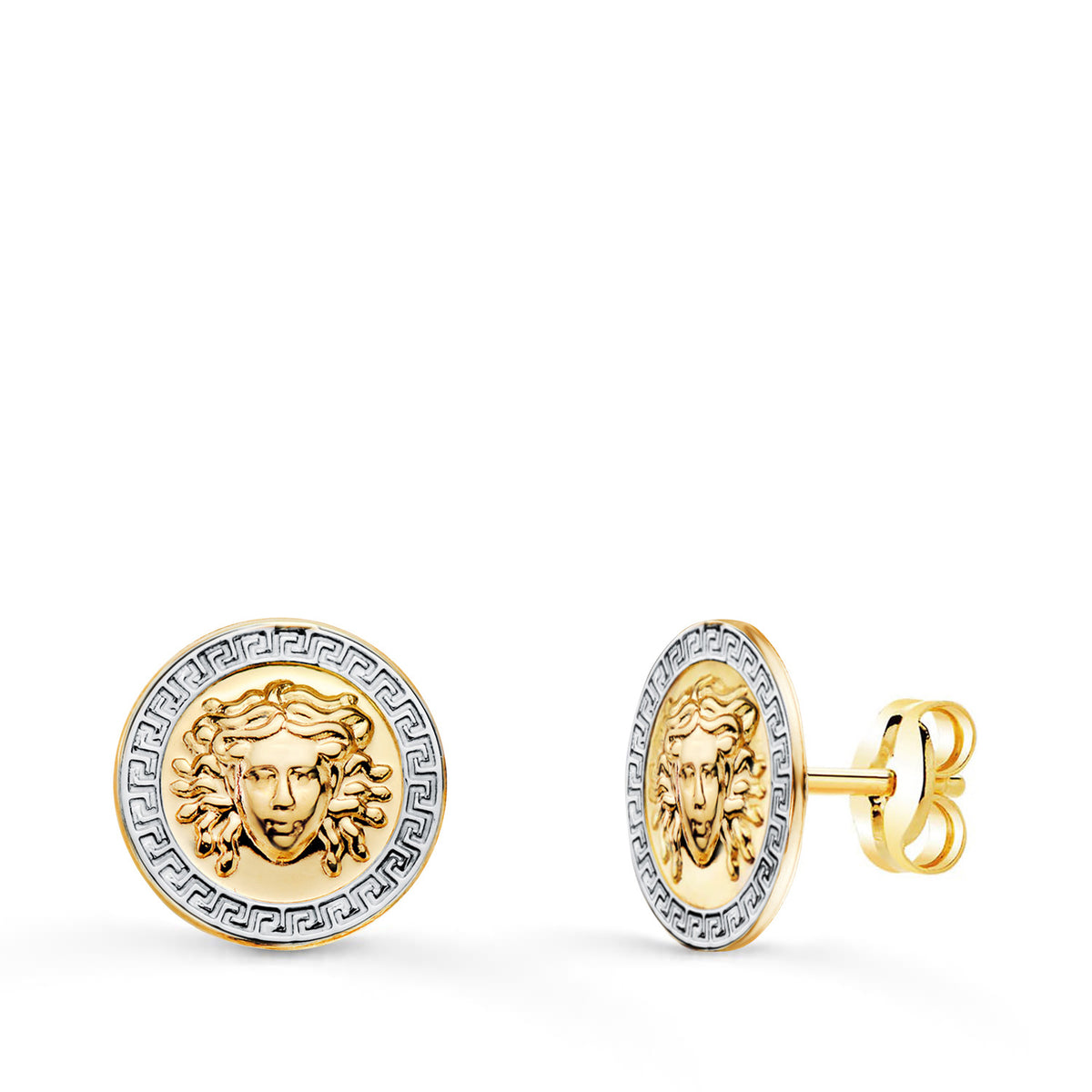 Pendientes Bicolor Medusa y Borde de Greca 10 mm 18K