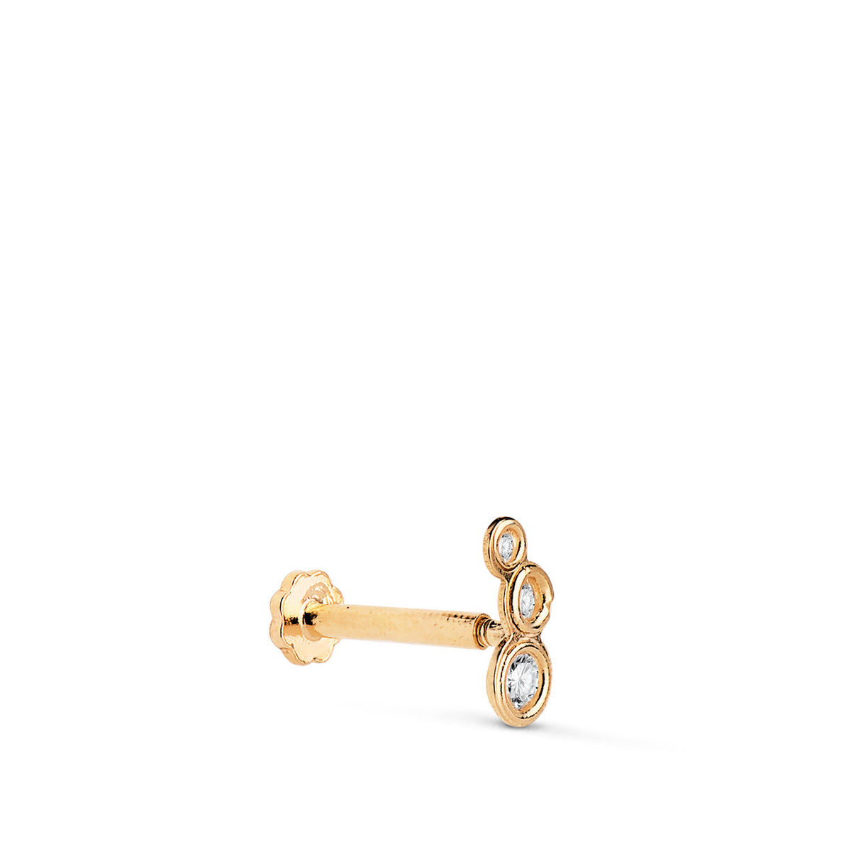 Piercing de Oreja con 3 Circonitas 6,5 x 3 mm. Grueso Barra 1,20 mm. Cierre Tuerca de oro amarillo 18K