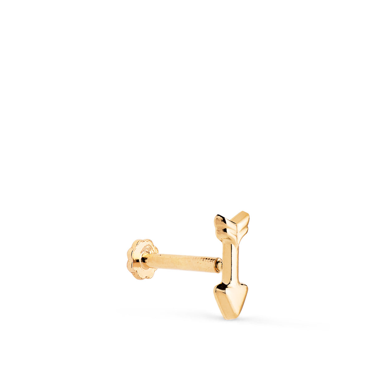 Piercing de Oreja Flecha 9 x 3,5 mm. Grueso Barra 1,20 mm. Cierre Tuerca de oro amarillo 18K